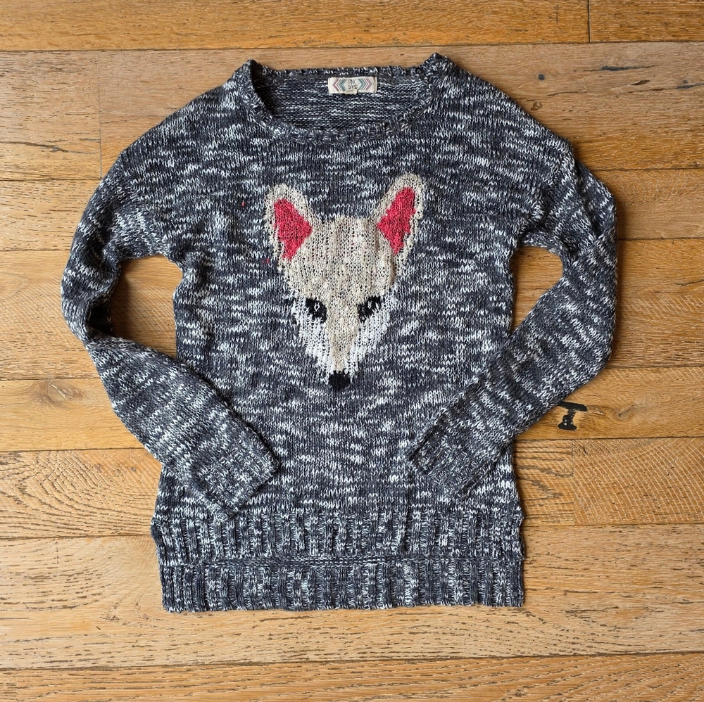 Vintage Pink Rose Fox Design Sweater Gray White cute cozy animal print preppy